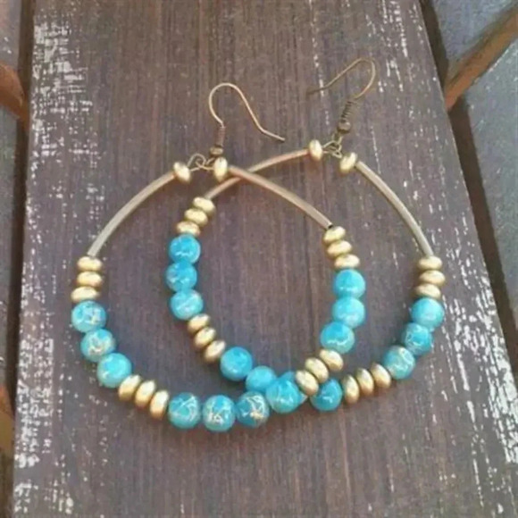 Handcrafted Big Beaded Hoop Earrings 3" Long Antiqued Brass Gold Turquoise Blue - Picture 1 of 1